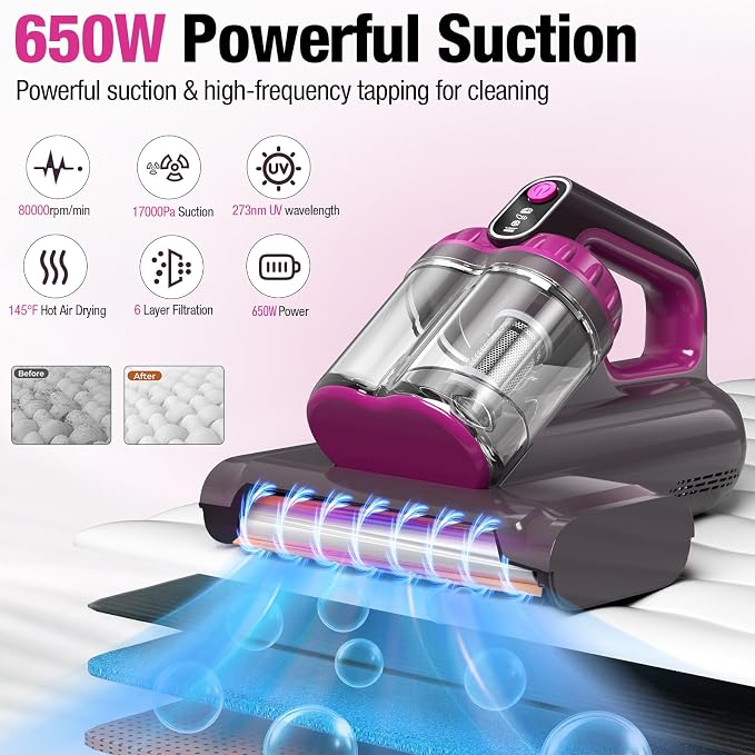 Mattress Vacuum Cleaner, 17Kpa 650W Bed Vacuum Cleaner, 273nm UV-C Light & - Image 2