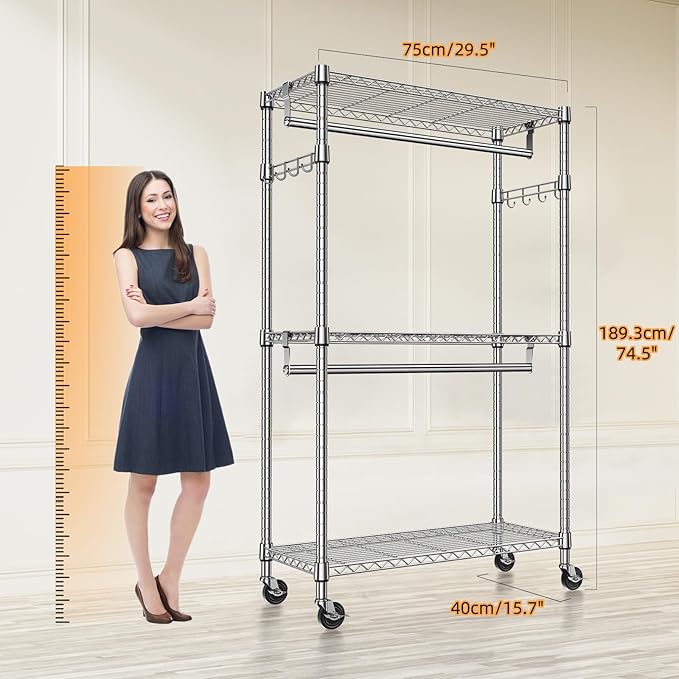 Heavy Duty Rolling Garment Rack 3 Tiers Adjustable Wire Shelving Clothes Rack - Image 8