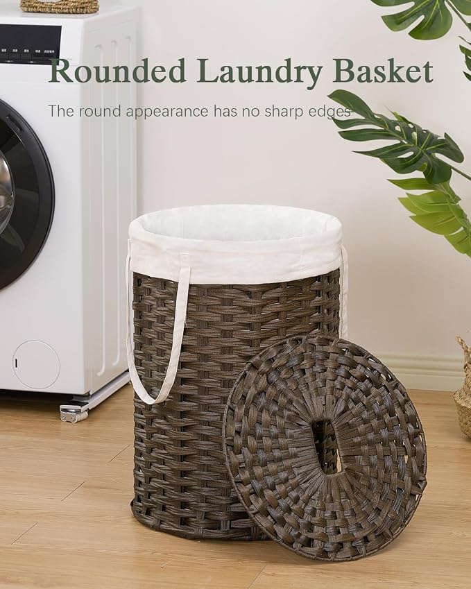 Laundry Hamper with Lid, 19.0 Gal Round Wicker Laundry Basket, Handwoven Rattan - Image 2