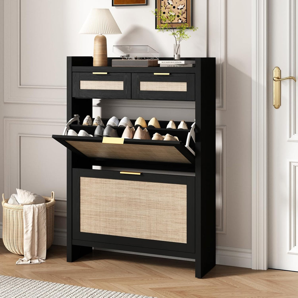 HOKYHOKY Rattan Shoe Storage Cabinet with 2 Drawers & 2 Flip Drawers