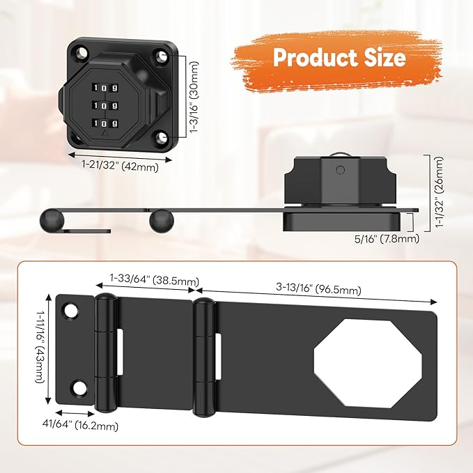 90 Degree 3-Digit Combination Cabinet Lock, Zinc Alloy Keyless Folding Hasp - Image 5