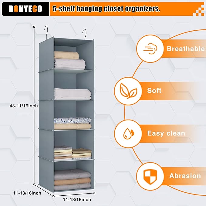 Hanging Closet Organizer 5-Shelf, Easy Mount Foldable Wardrobe Storage Shelves - Image 3