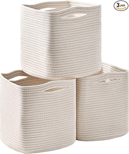 11 Inch Cube Storage Bins, Organizer Bins, Woven Cotton Rope Baskets by ICERZCZ