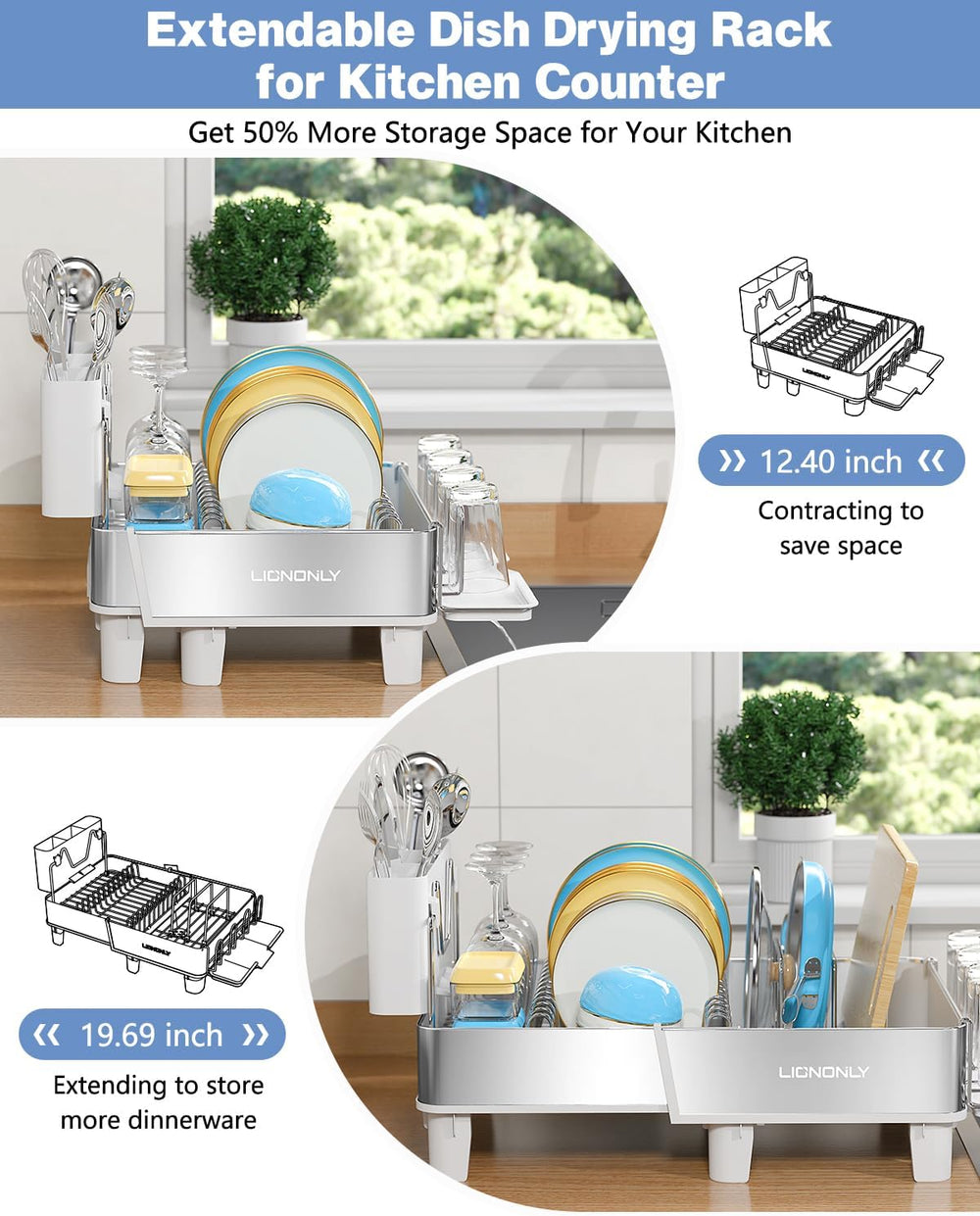 304 Stainless Steel Expandable Dish Drying Rack with Drain Spout, White