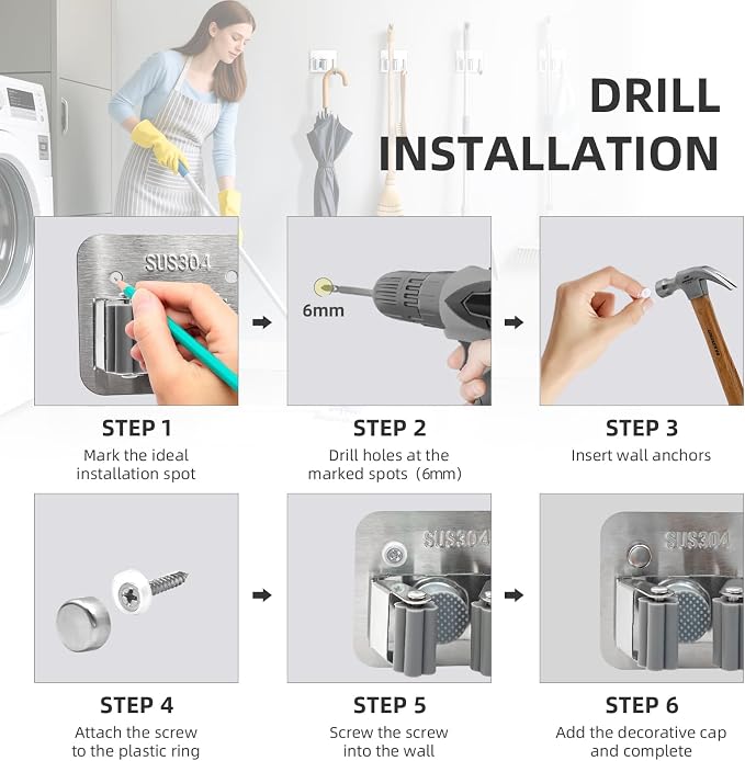Broom Holder Wall Mount with Screws Broom and Mop Organizer Wall Hanging - Image 7