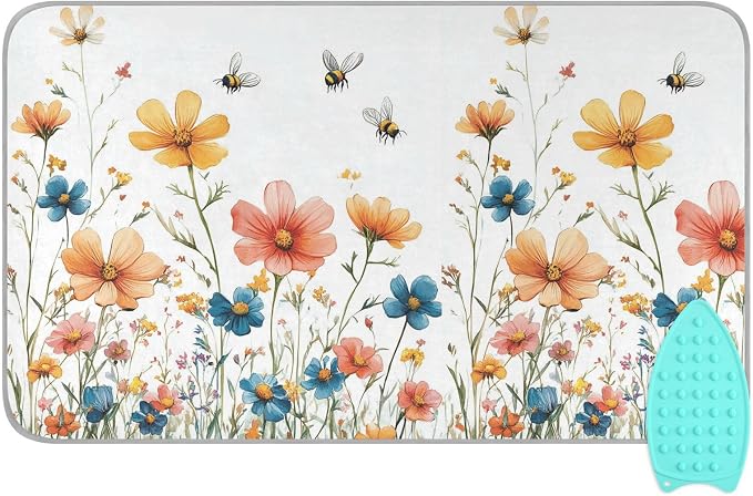 Yellow Wildflower Bees White Ironing Mat by Tatenale