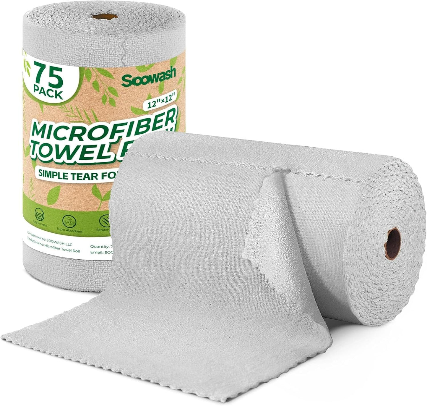 Microfiber Cleaning Cloths Roll 75 Pack 12x12 Inch Lint Free | Tear away design, lint free, washable, scratch free, ultra absorbent, for dish rags and household cleaning, Grey color