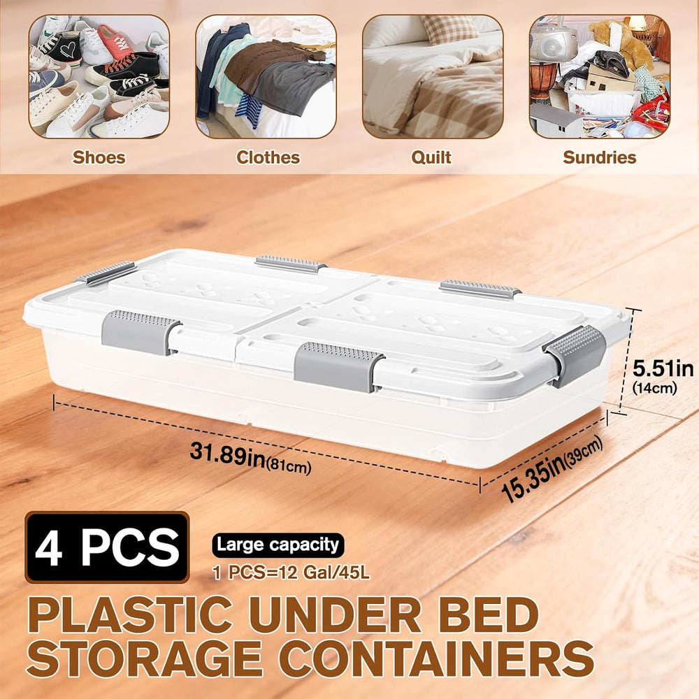 4 PCS*49 Qt Wheeled Latching Under Bed Storage, Double Opening Lids Stackable...