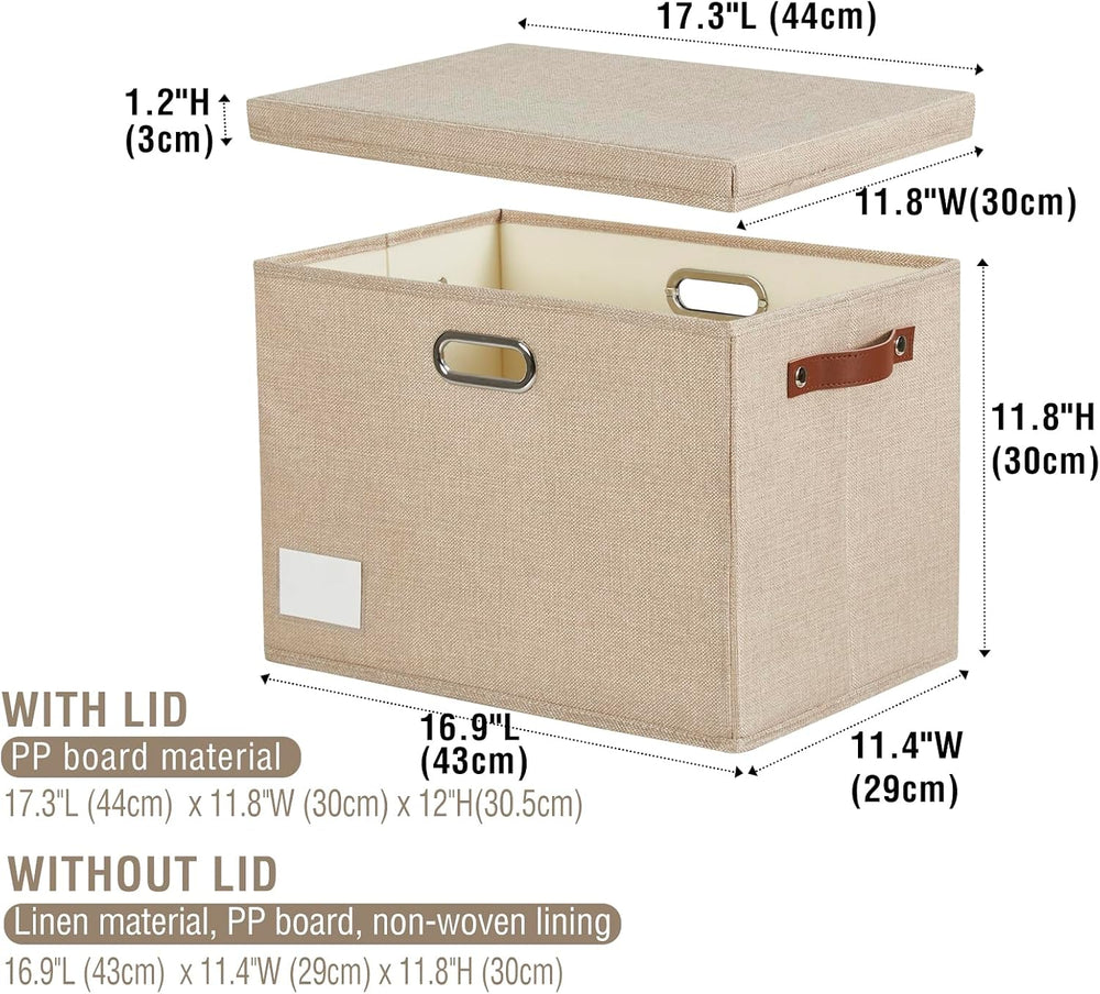 17" Large Fabric Storage Box with Lids, 3-Pack, Khaki