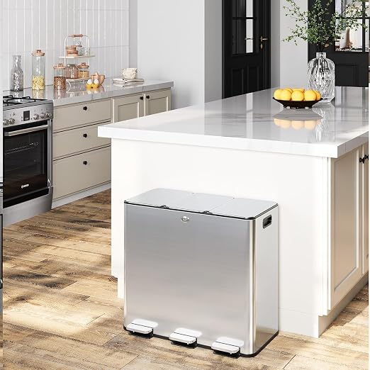 60L/15.9 Gal Gallon Three-Compartment Pedal Stainless Steel Kitchen Recycling by LALFPET-Loveallforpets