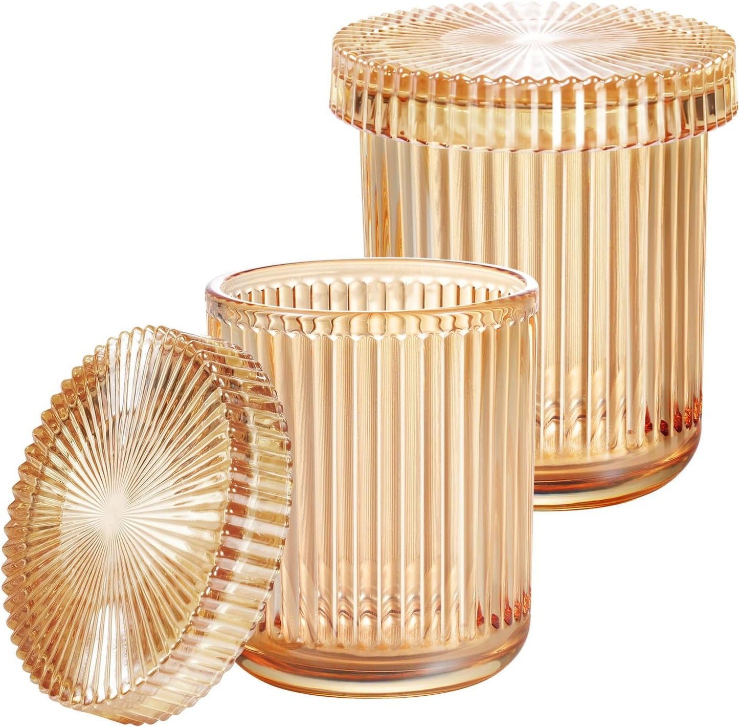 SheeChung 2 Pack Glass Qtip Holder Dispenser, Amber Apothecary Jars | -Bathroom Organizer & Storage Set -Vanity Canister for Cotton Swabs, Balls, Pads - Luxury Modern Farmhouse Decor