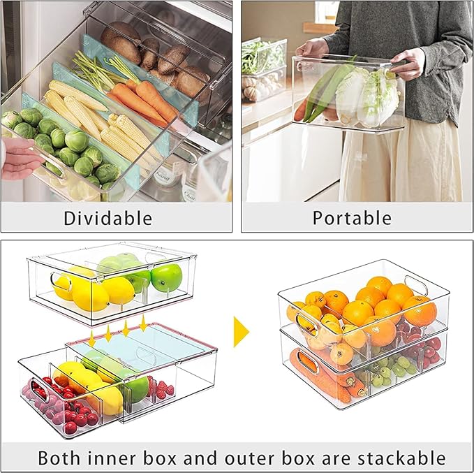 MineSign 2Pack Stackable Fridge Drawers Pull-Out Bins Divided Produce Saver - Image 4