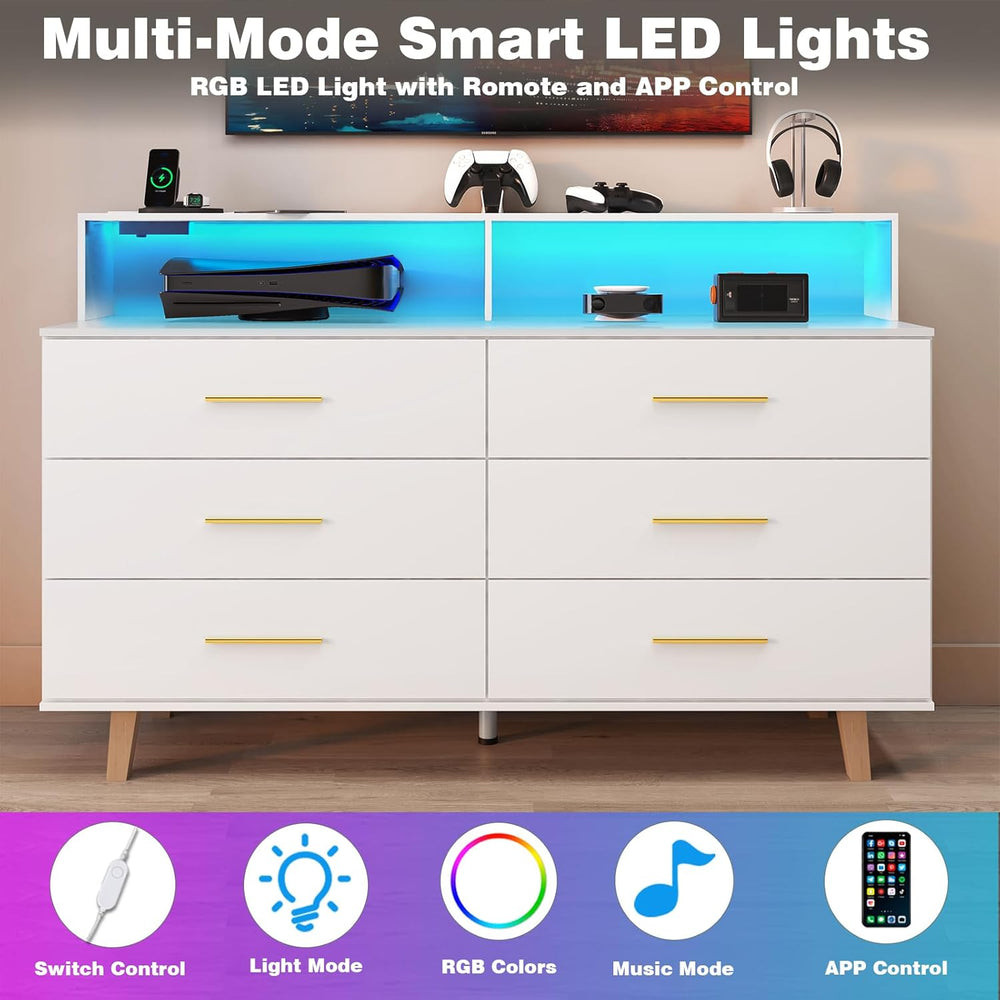 UNIQUITE 6 Drawers Dresser with LED Light and Power Outlet, Wood White Dresse...