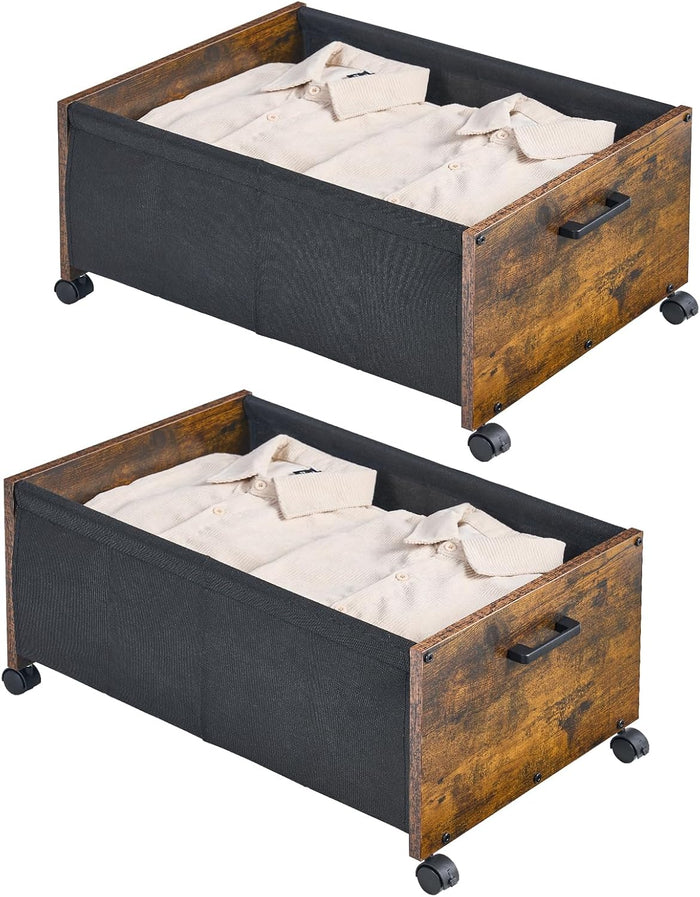 FOUCSSOMEI Under Bed Storage with Wheels, Wooden Under Bed Drawers On Wheels, Rolling Under Bed Shoe Storage, Space Saving, Rustic Brown,70L
