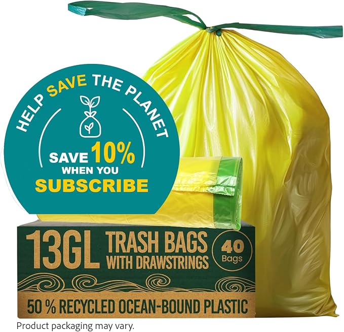 13 Gallon Trash Bags with Drawstrings, 40 Bags Made from 50% Recycled Plastic - Image 2