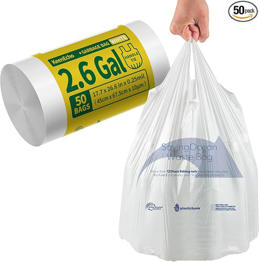 Small Trash Bags with Handles 2.6 Gallon 50 Count White by KeenEcho