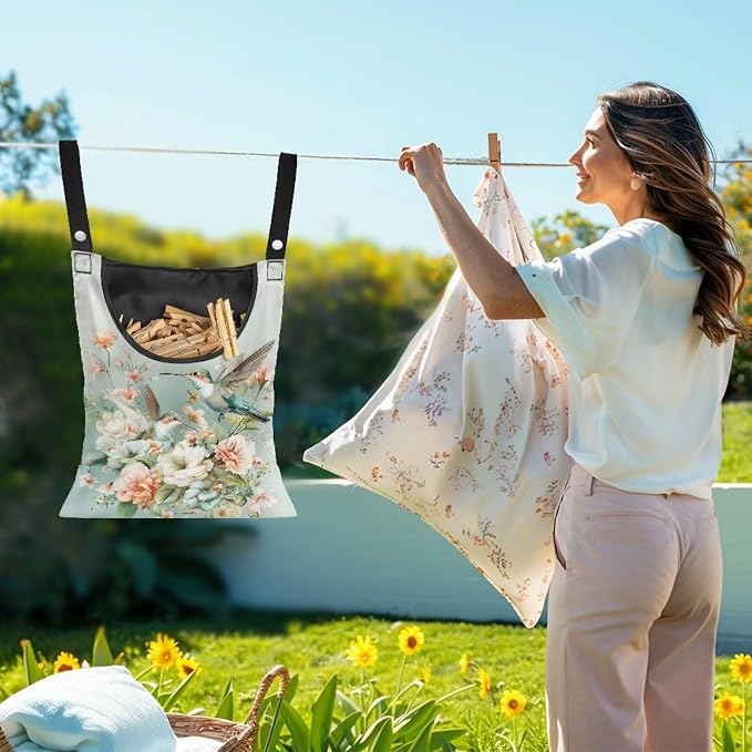 Hummingbird Floral Clothes Pin Bag to Hang On Line Reusable Clothespin Holder - Image 2