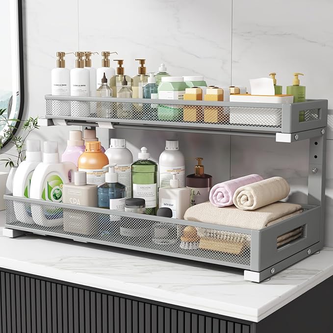 2 Pack 20.47IN Depth Under Sink Storage Organizer, Large 2-Tier Elegant Mesh - Image 7