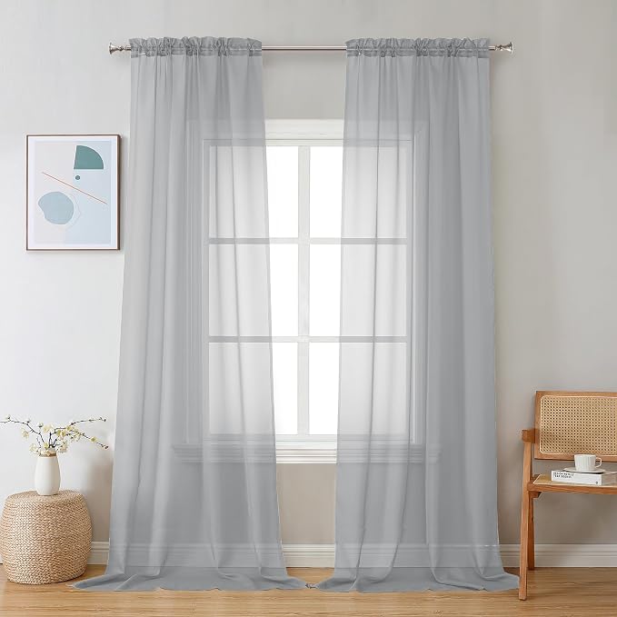 Chyhomenyc Sheer Light Grey Curtains 90 inches Long 2 Panels, Light Filtering by Chyhomenyc