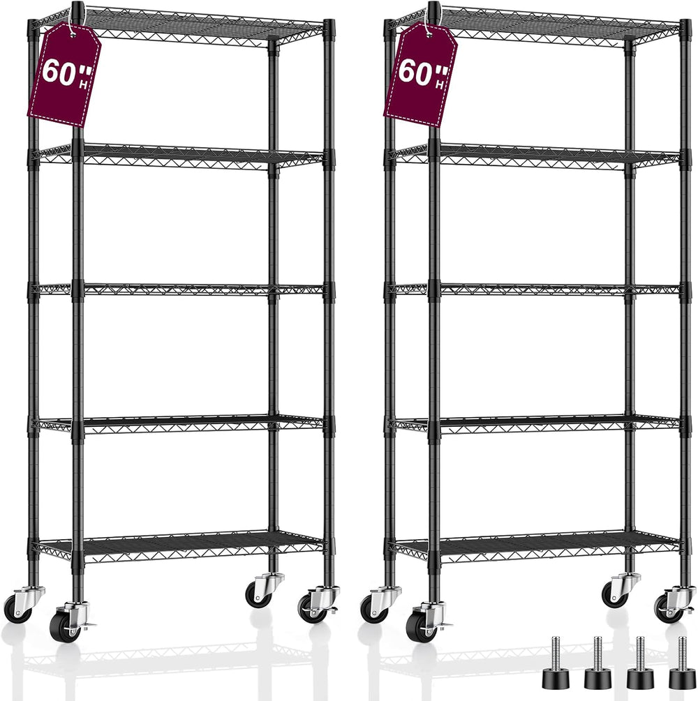 2 Pack 5-Tier Metal Wire Shelving Unit with Wheels & Feet, 14" D x 3...