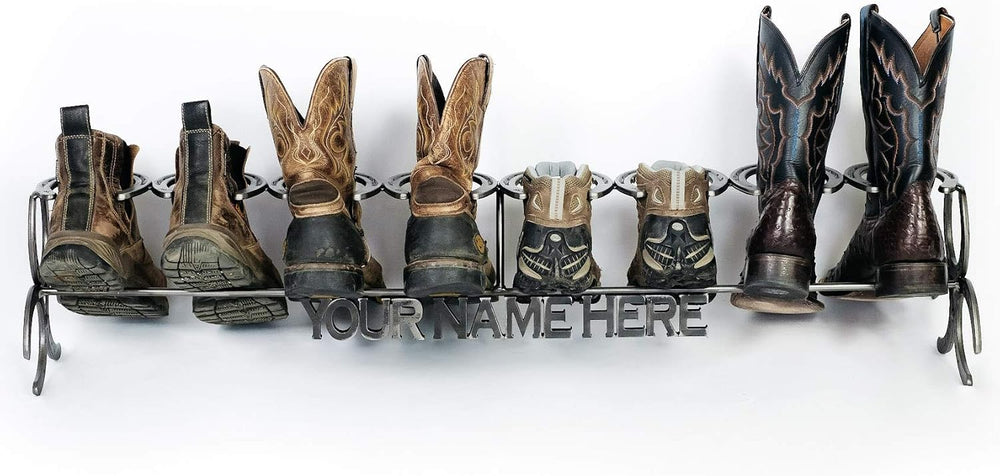 Rustic Custom Name Horseshoe Boot Rack - The Heritage Forge