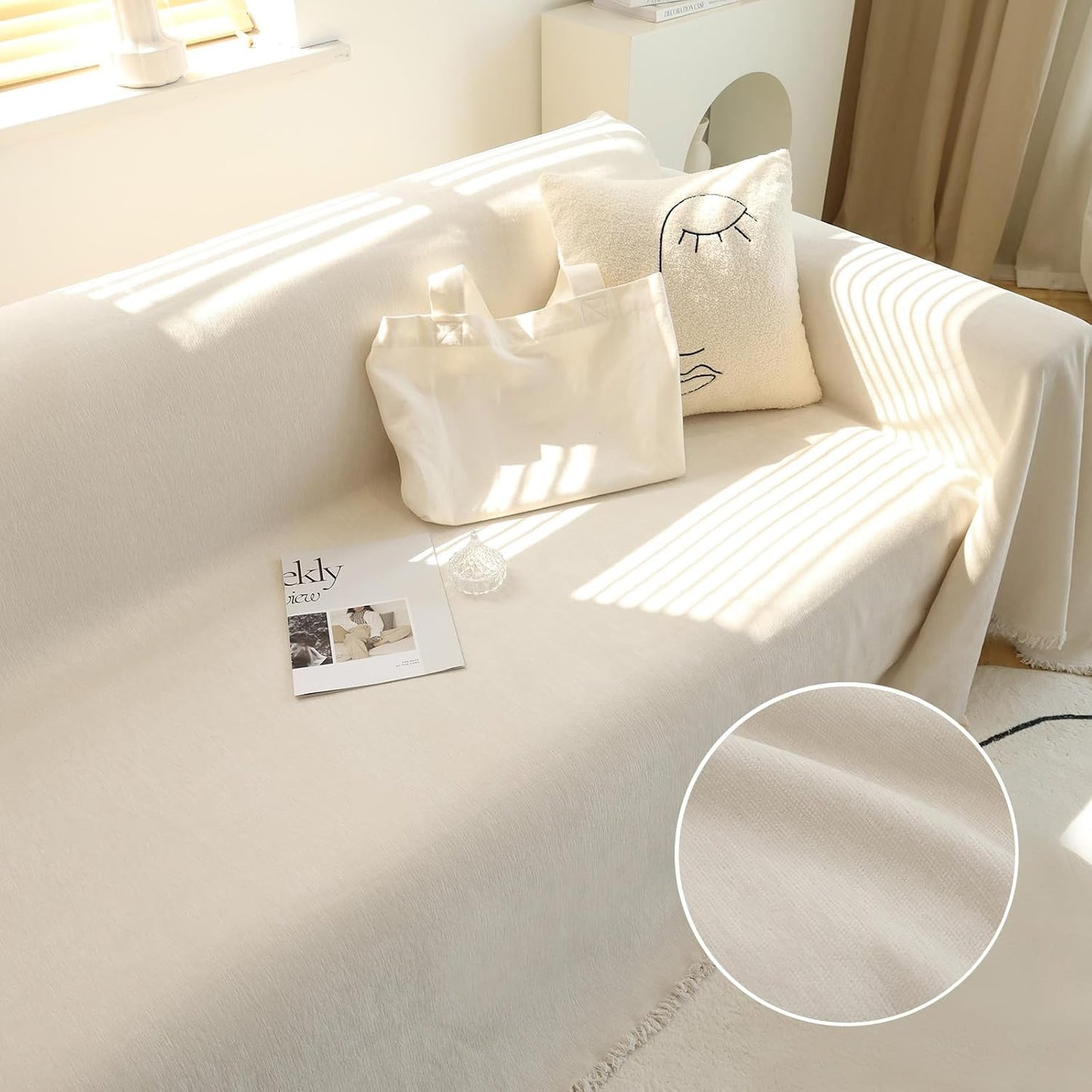 MEETSKY Couch Cover Sofa Covers Couch Covers for 3 Cushion Couch Sofa Pet Friendly, L Shaped Sectional Sofa Covers Washable Simply Put Sofa Throw Cover for Dogs, 91" x 134", Beige