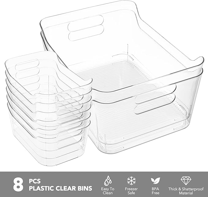 Tiawudi Set of 8 Clear Plastic Storage Bins, 2 Extra Large and 6 Small Storage - Image 3