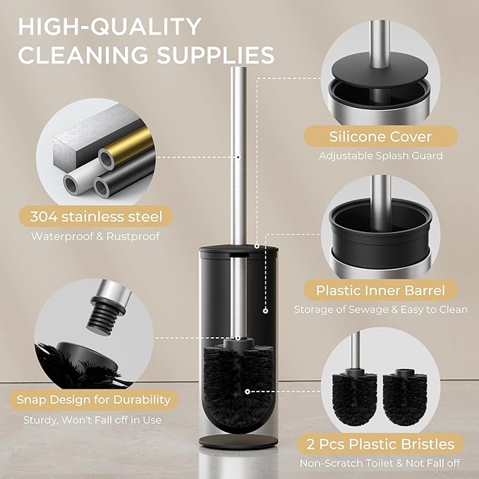 FORIOUS Toilet Brush and Holder Set Brushed Nickel, 304 Stainless Steel Long - Image 2