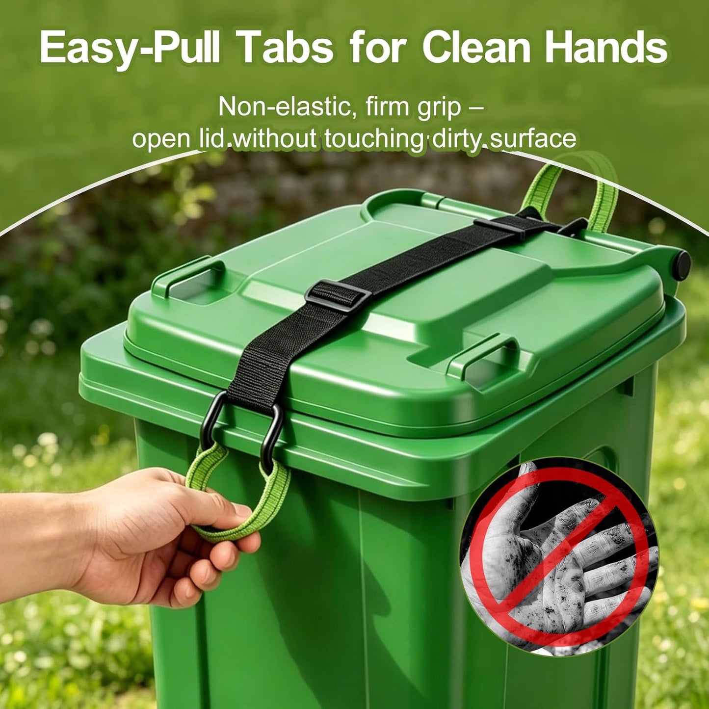 Trash Can Lock - 2 Easy-Pull Tabs for Clean Hands, Bear & Raccoon Proof Lid Lock with Heavy Duty Metal Double Claw Hook, Windproof Adjustable Strap, Fits 28-96 Gal Outdoor Bins