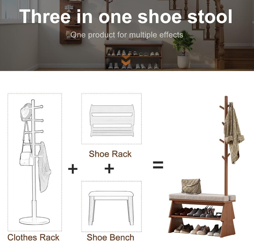 Coat Rack with Shoe Storage, Shoe Rack with 8 Hook, Walnut