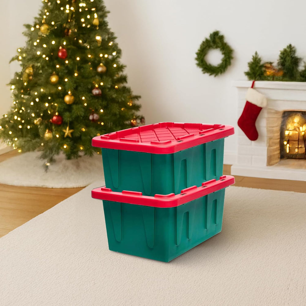 HOMZ Durabilt Plastic Storage Bins with Lids, 15 Gal, Red/Green, 2 Pack