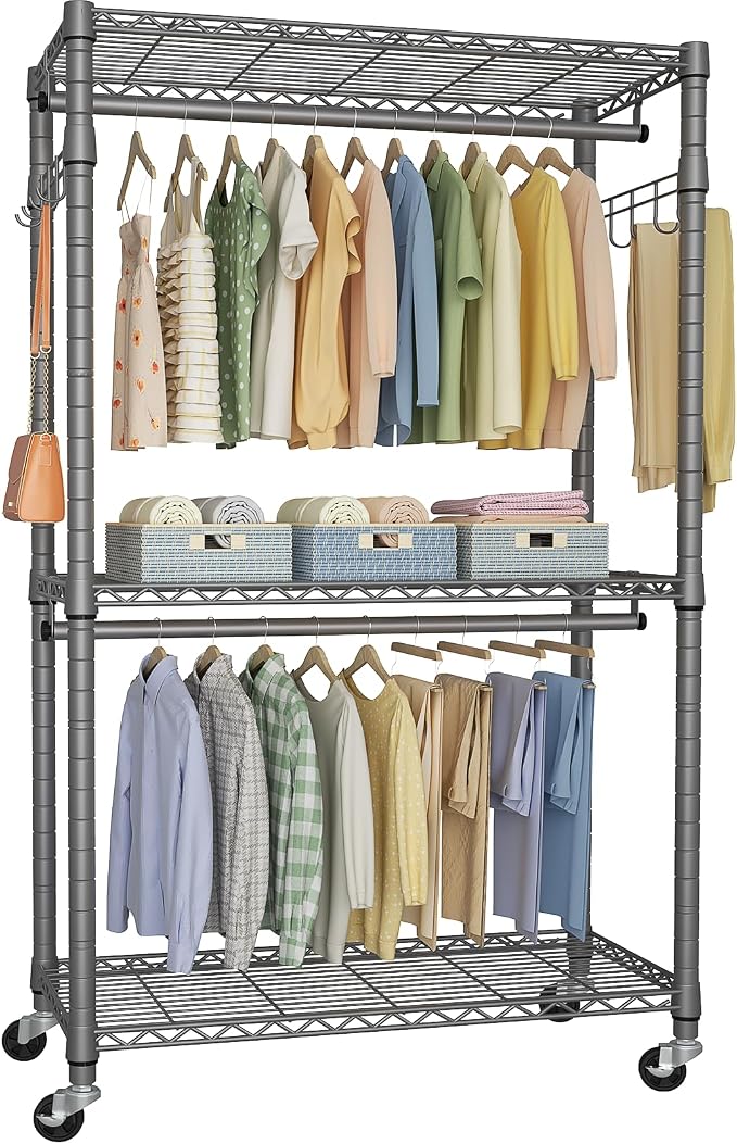 FUTASSI P1 Heavy Duty Garment Rack, 3 Tiers Adjustable Rolling Metal Closet by FUTASSI