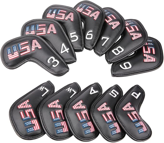 Golf Builder Black Leather USA Golf Club Iron Wedge Head Covers Fit All Brands by Golf+Builder