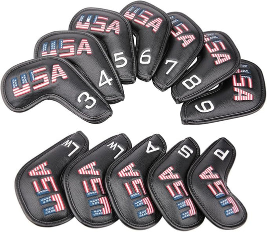 Golf Builder Black Leather USA Golf Club Iron Wedge Head Covers Fit All Brands by Golf+Builder