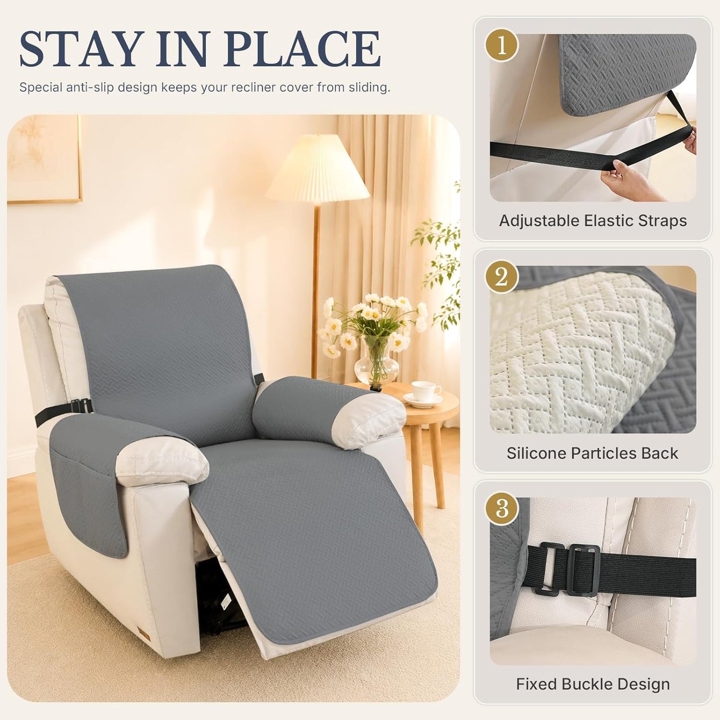 Recliner Chair Covers, 100% Waterproof Non-Slip Chair Cover Dog Furniture Protector Recliner Covers Washable Slipcover with Pocket, Elastic Straps for Pets, Dogs,23.6",Dark Gray