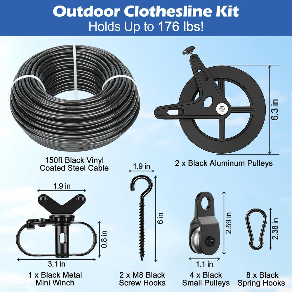 150ft Black Clothesline Pulley Kit with Aluminum Brake Pulleys