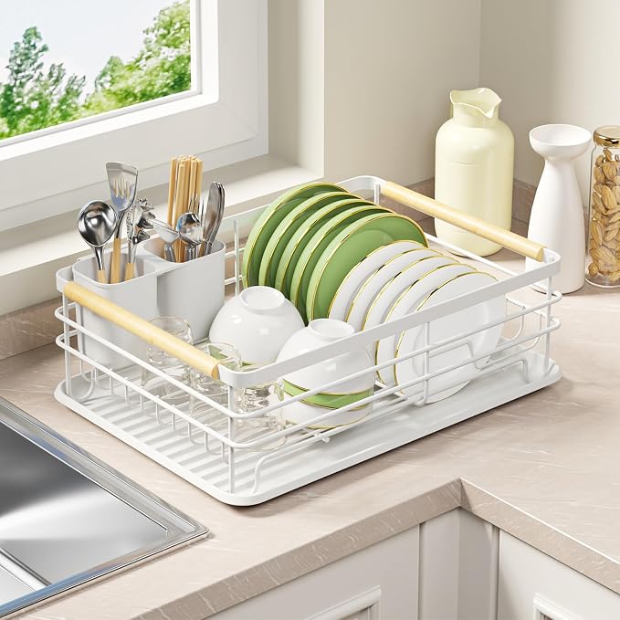 Dish Racks for Kitchen Counter: Wooden Handles, Thickened Metal, No Assembly. by Jouzevic