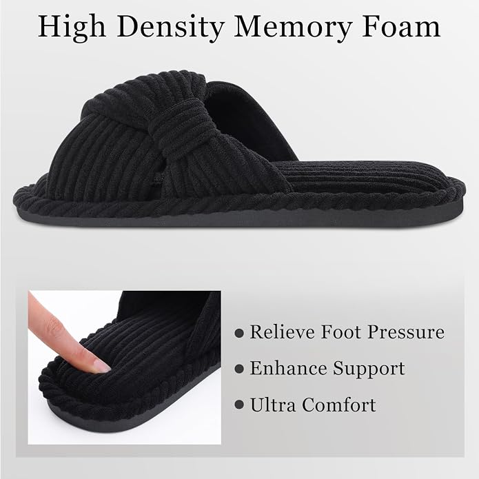 Evshine Summer House Slippers for Women Corduroy Cross Bow Indoor Slippers Open - Image 4