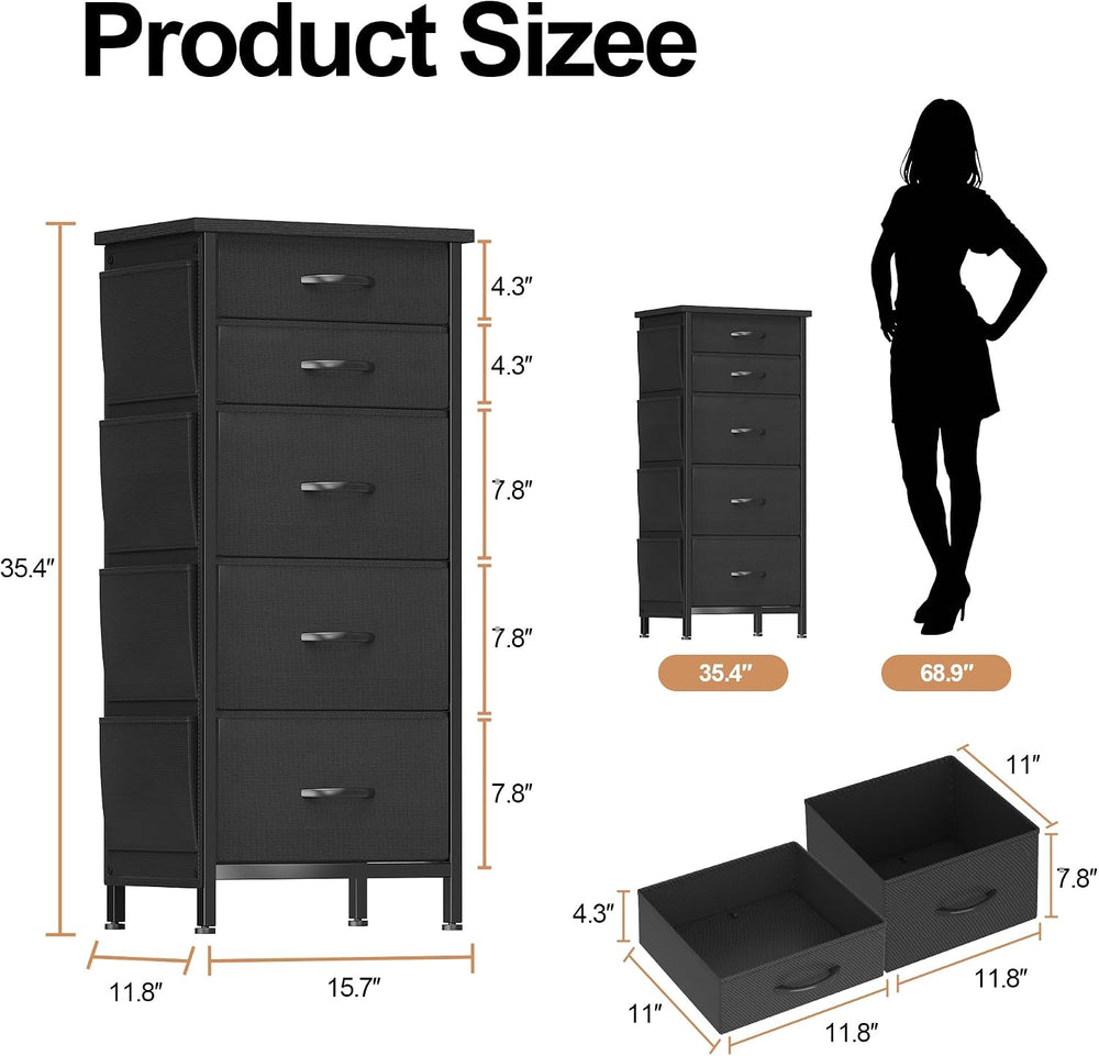 HCHQHS Tall Dresser for Bedroom 5 Drawers Fabric Black
