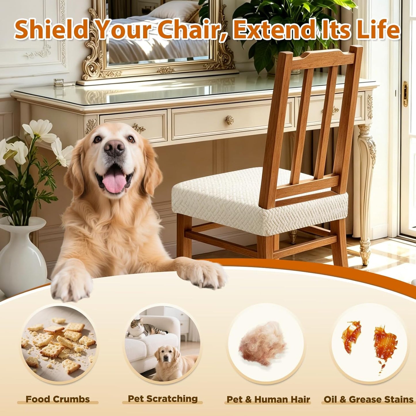 Dioxide Chair Covers for Dining Room Chairs,Chair Seat Covers Fit Stretch Jacquard Removable Slipcover Protector for Hotel Ceremony Banquet Wedding Party (Rear-Gapped,Beige Stripe,4PC,Not Waterproof)