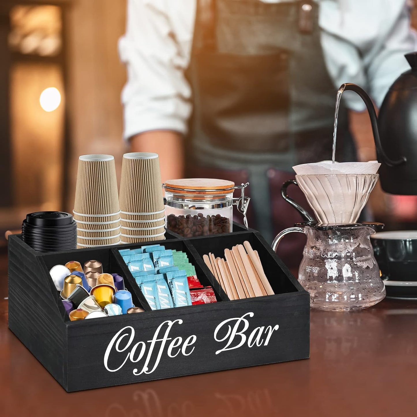 ugiftt Coffee Station Organizer for Counter, Wood Coffee Pods Holder Storage Basket, Tea Condiment Storage Organizer, Rustic Coffee Bar Decor for Coffee Accessories Organizer