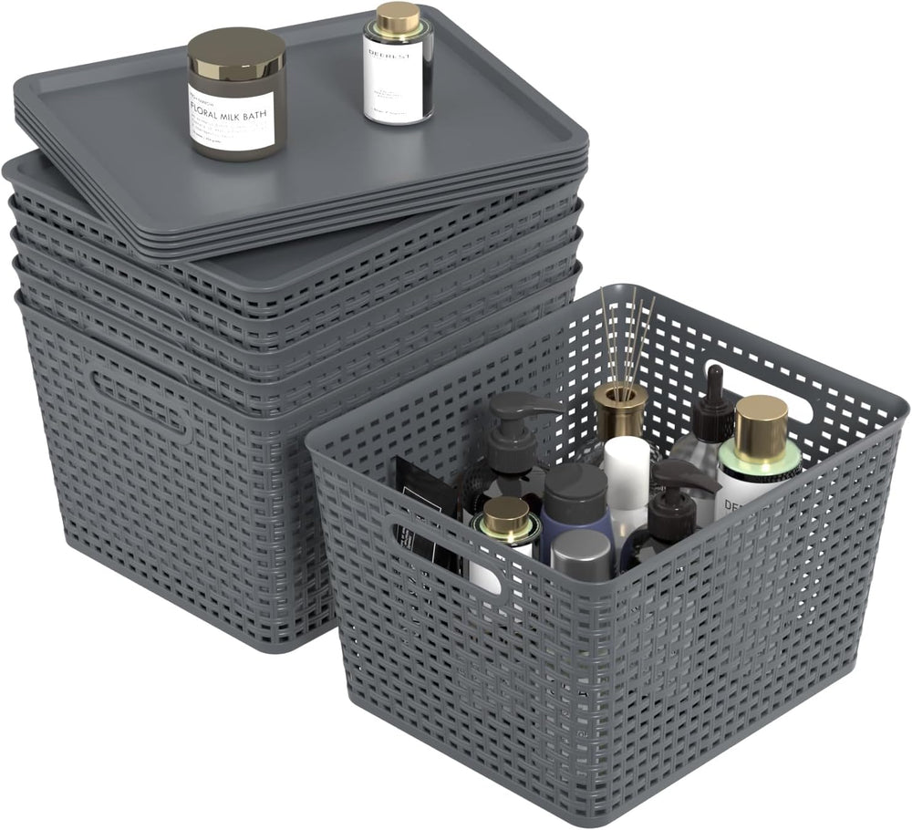6-Pack Large Plastic Storage Baskets Bins with Lid, Gray