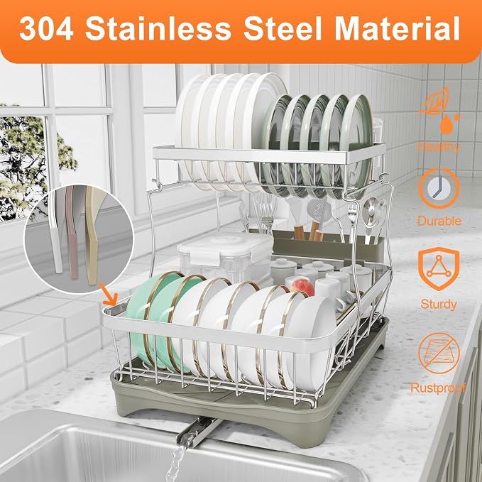 Dish Drying Rack, 2 -Tier 304 Stainless Steel Adjustable Spout Auto-Draining - Image 2