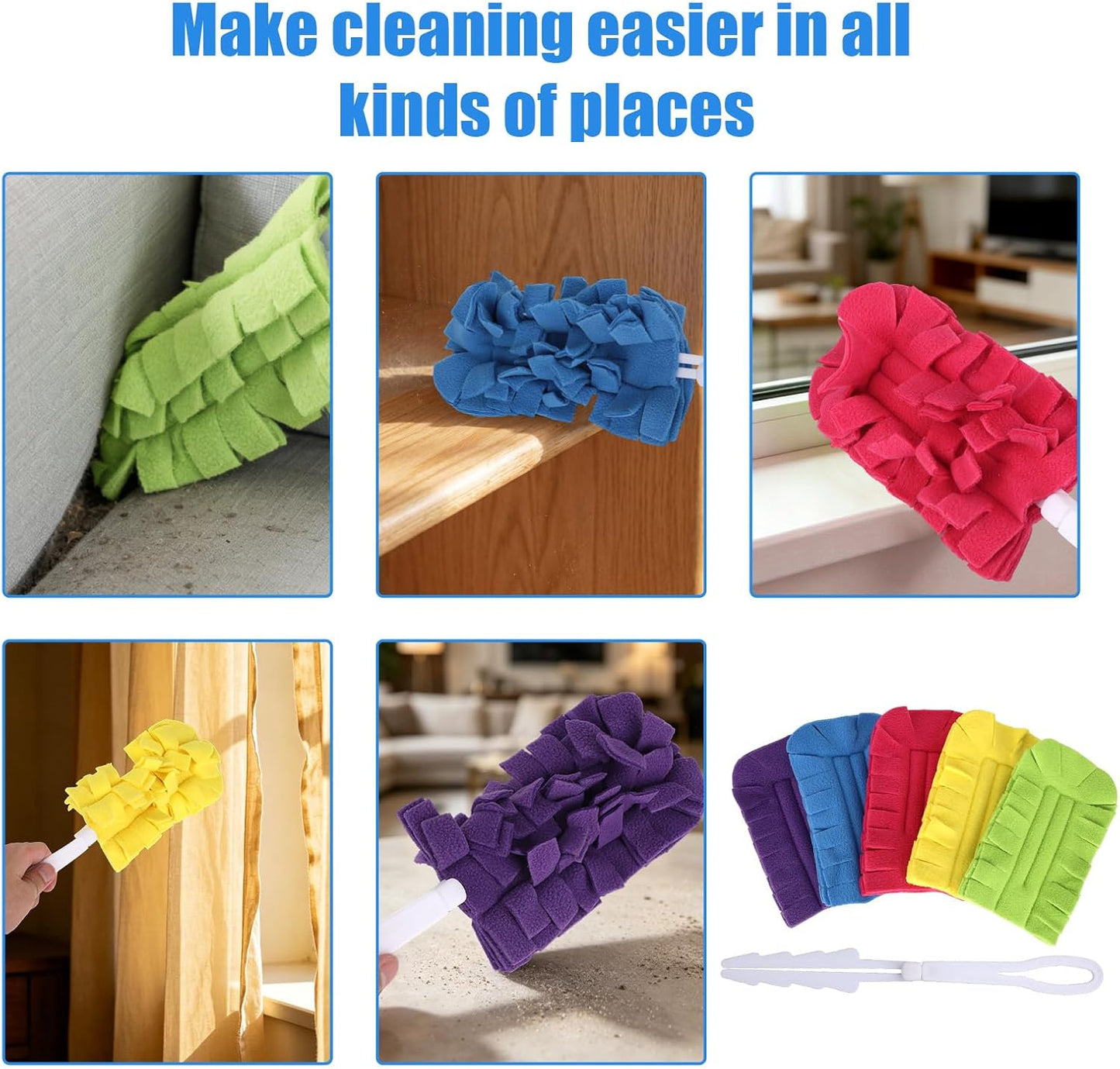 5pcs Reusable Duster Refills with Short Handle, 5 Colors 360° Heavy Duty Fleece Dusting Pads Cleaning Pads Washable for Home Furniture Ceiling Fan Window Blinds Kitchen Car Interior