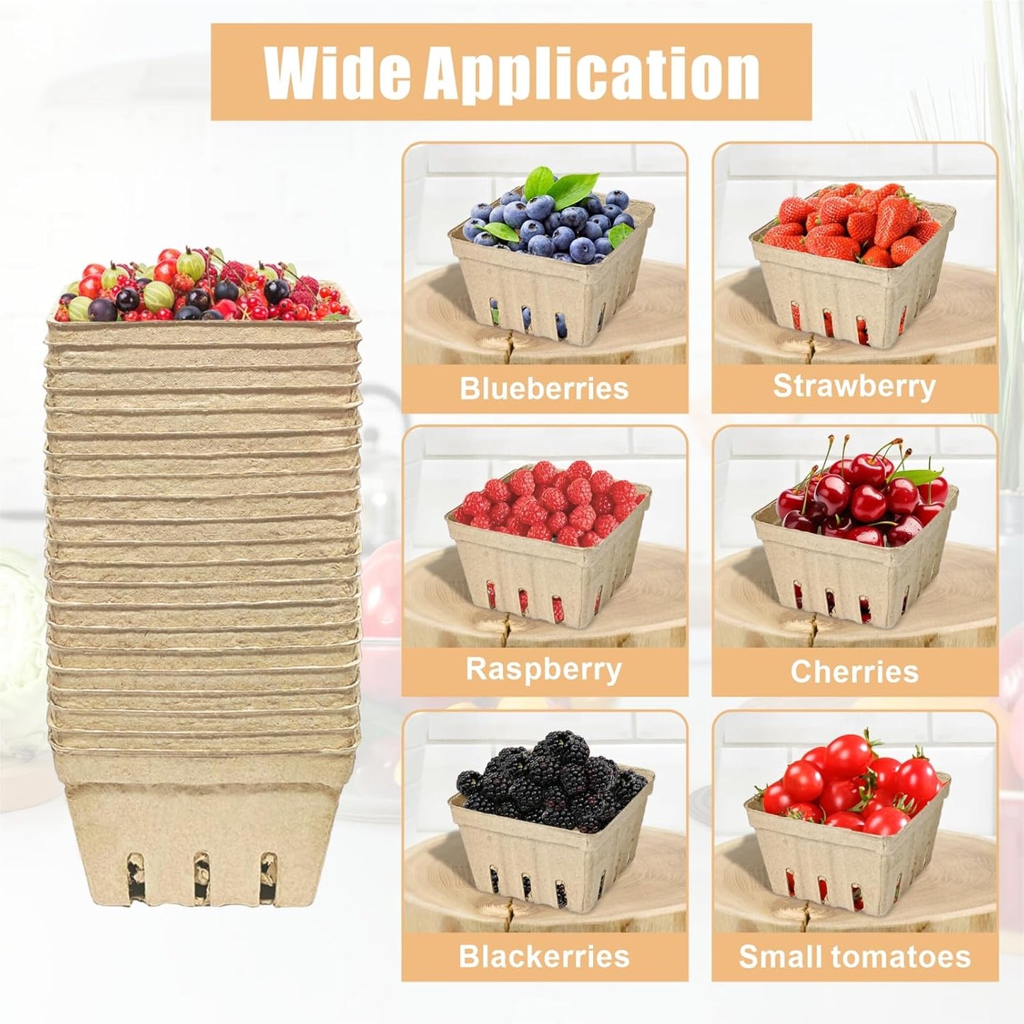 45 Pcs Natural Pulp Fiber Berry Basket Small Vented Berry Picking Basket | Small Container Holder, for Fruits, Vegetable, Farmer Market, Grocery
