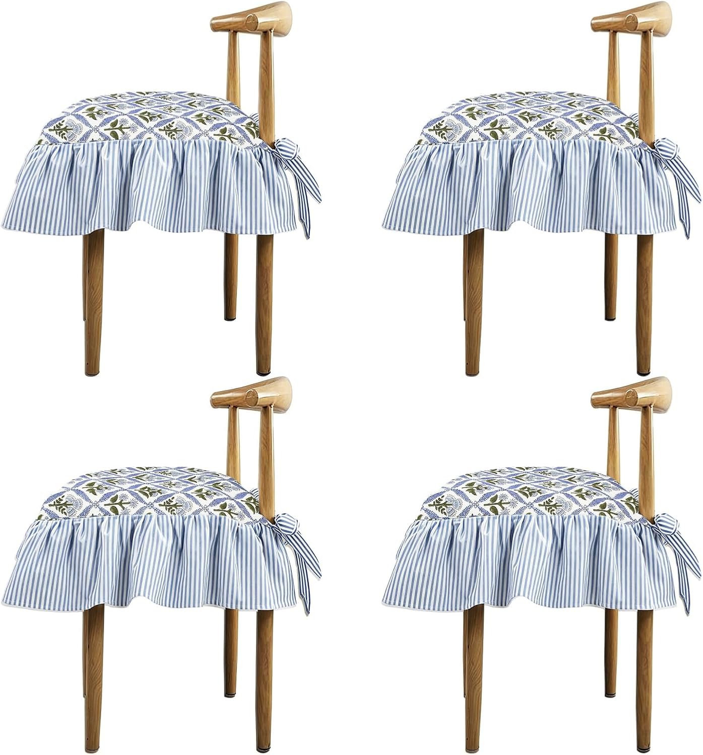 4 Pcs Ruffle Chair Cushion Covers Cotton Blend 17.5"x17.5", Floral Block Print Decoration Farmhouse French Style Seat Covers with Tie Backs for Kitchen Dining Chairs
