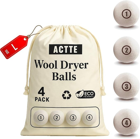 Sheep Wool Dryer Balls 4 Pack L Premium Natural Fabric Softener, Reusable by ACTTE