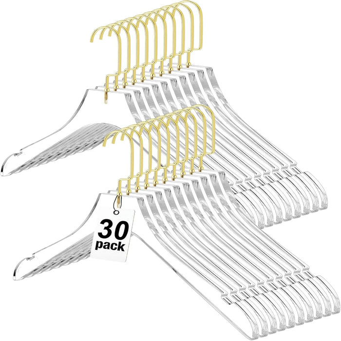 Acrylic Hangers 30 Pack,Clear Crystal Hanger with Gold Hook 15.55 Inch,Premium Luxurious Acrylic Hanger for Suit Coat