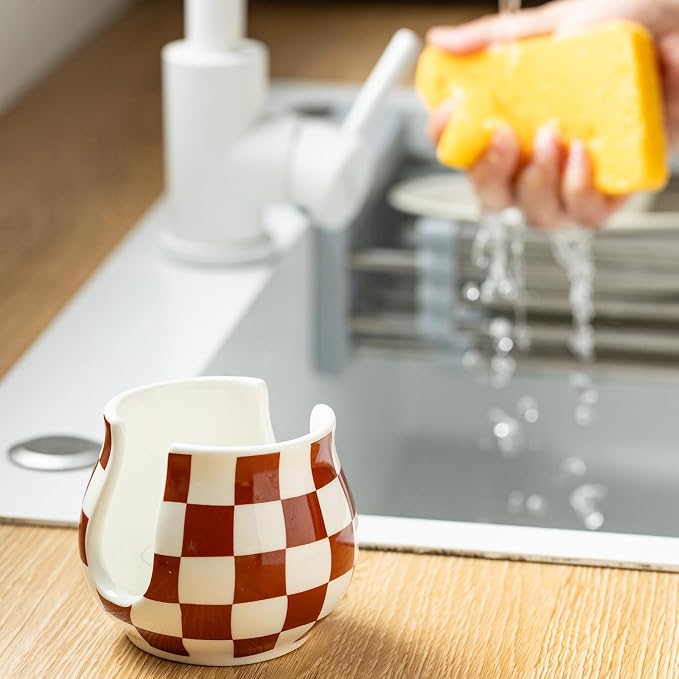 Checkered Sponge Holder for Kitchen Sink Counter, Ceramic Dish Sponge Caddy - Image 5