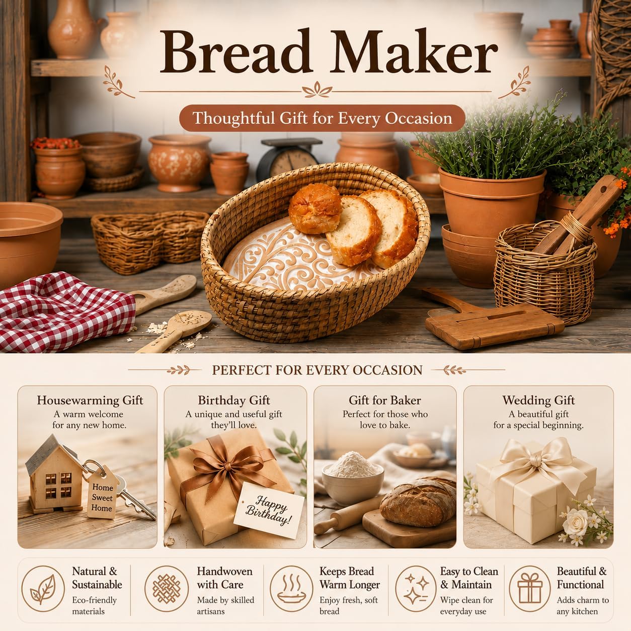 Bread Warmer Basket with Stone, Bread Basket for Serving Rolls & Sourdough | Terracotta Warming Stone Keeps Bread & Tortillas Warm, Gift for Bakers, Hostess Gift, Housewarming, Birthday